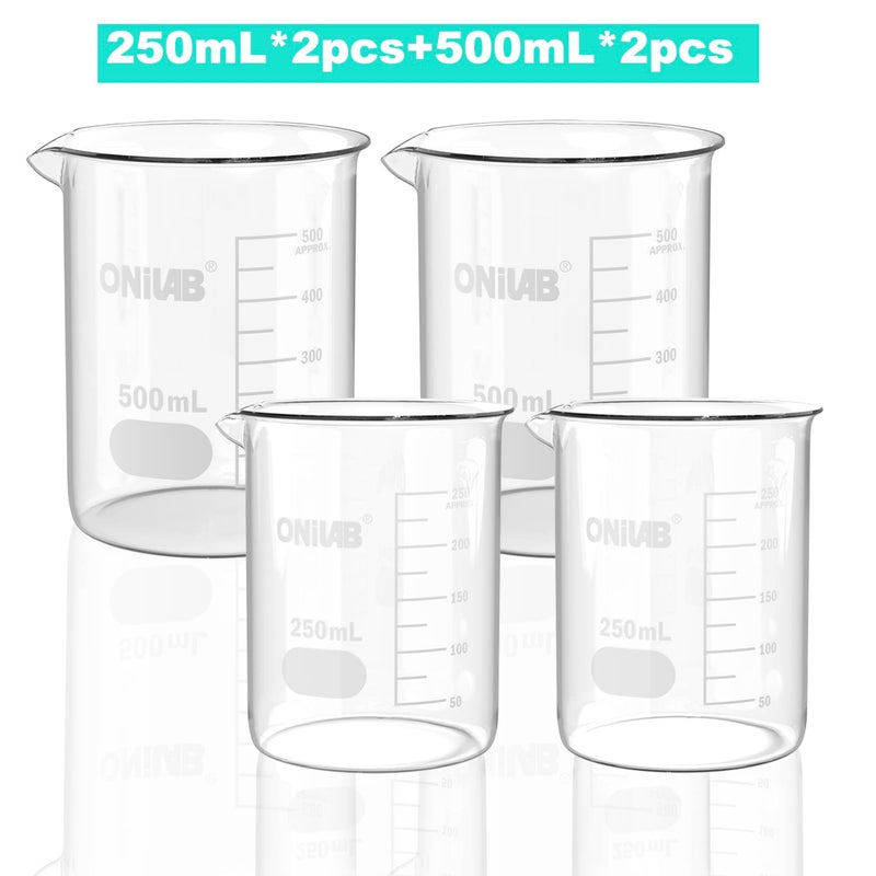 ONiLAB Scientific Glass Beaker 8.5 oz 17 oz, 2 Sizes 250ml 500ml, 2pcs for Each Size, 3.3 Borosilicate Griffin Low Form with Printed Graduation 13900245 - Image 1